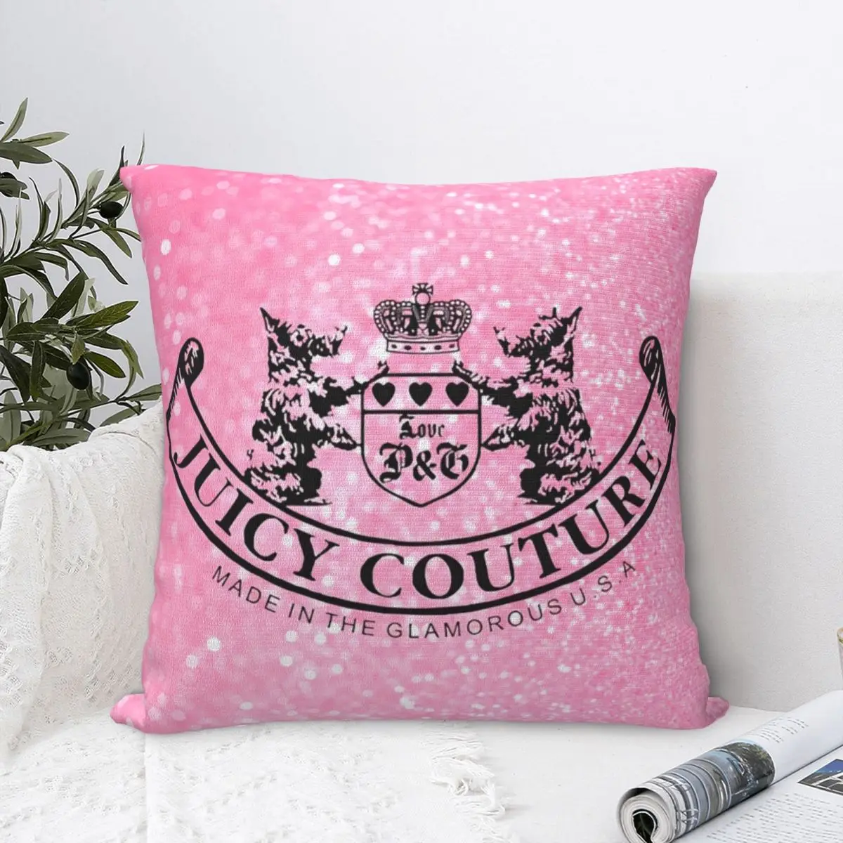 Juicys Pink Y2K JC Square Pillow Case Coutures Cushion Cover Zippered Decorative Throw Pillow Case Cover for Living Room 40x40cm