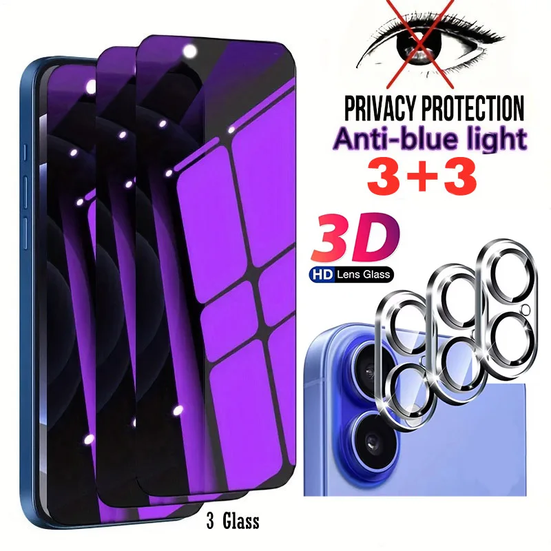 

6 IN1 Anti-blue Light Privacy Protection Glass+3D Lens Anti Peep Screen Protector for iPhone 17 16 15 Pro Max 13mini 14 Plus 16e