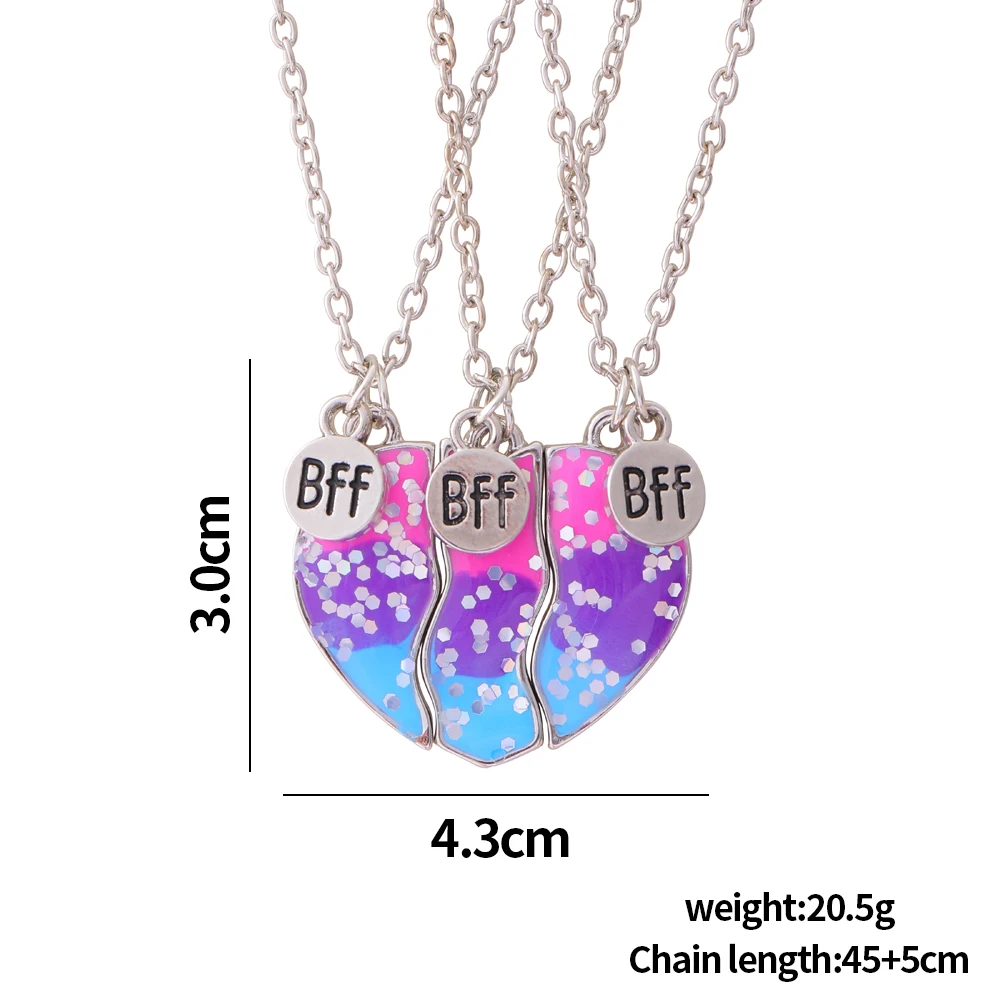 3 Pcs Heart Matching Best Friends Necklace BFF Charm Glitter Gradient Color Chain Choker For Girls Bestie Friendship Gift