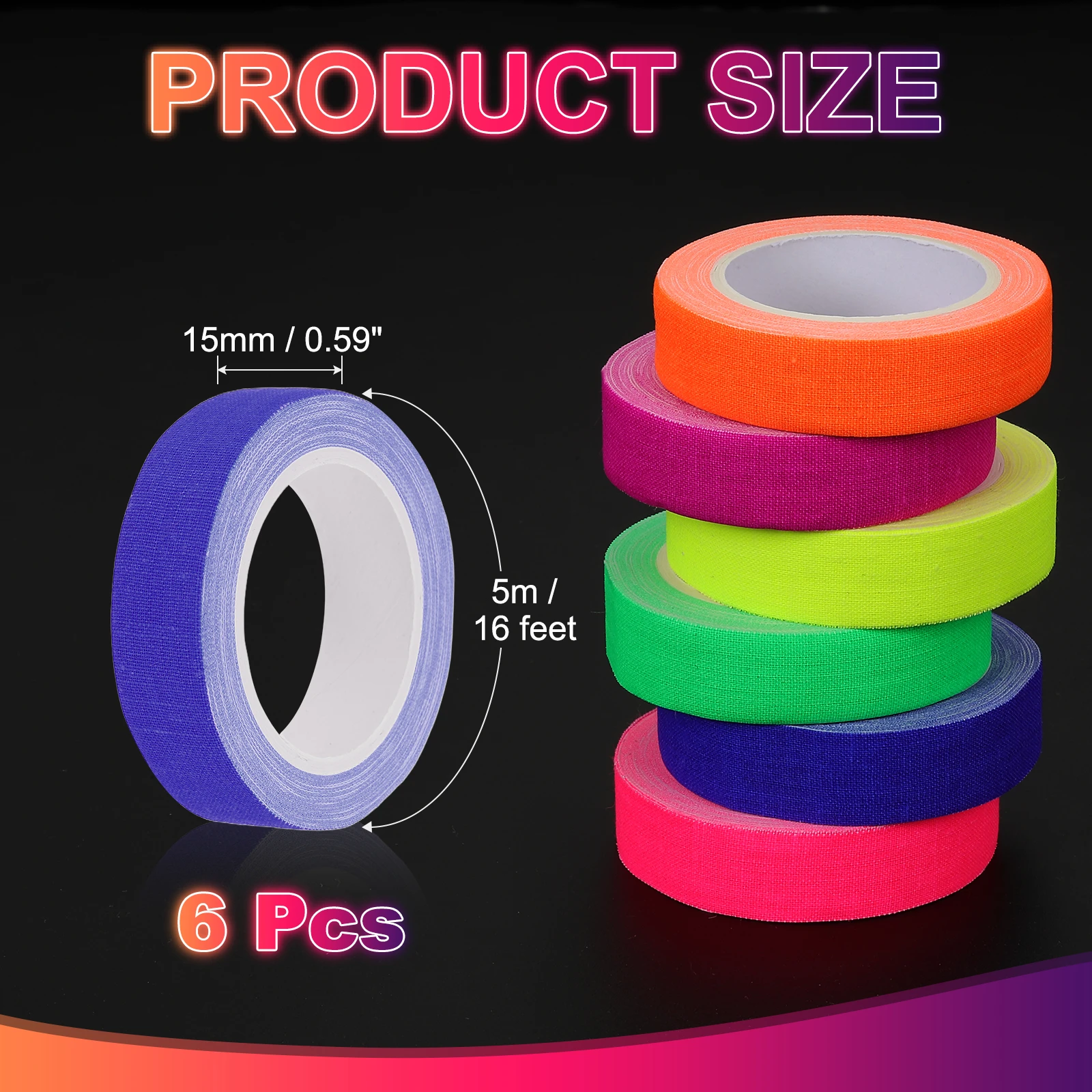 2/6/12Pc Neon Gaffer Cloth Tape 5m x15mm/25mm Blacklight Reactive Tape Blue/Green/Orange/Yellow/Purple/Pink/6 Colors for Parties