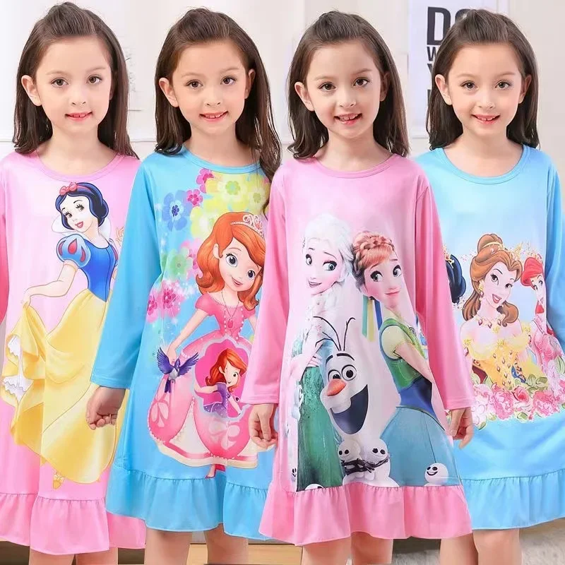 Summer Spring Girls Cartoon Anna Elsa Olaf Princess Nightgown Pajama Tops Kids Long Sleeve Nightdress Cute Baby Sleep Dresses