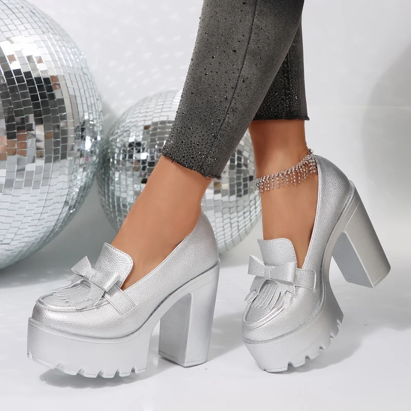 

2025 Newest Large Size Women's High Heels, Chunky Low Kitten Heels with Bow & Fringe, Elegant Solid Color Dress Shoes for Women
