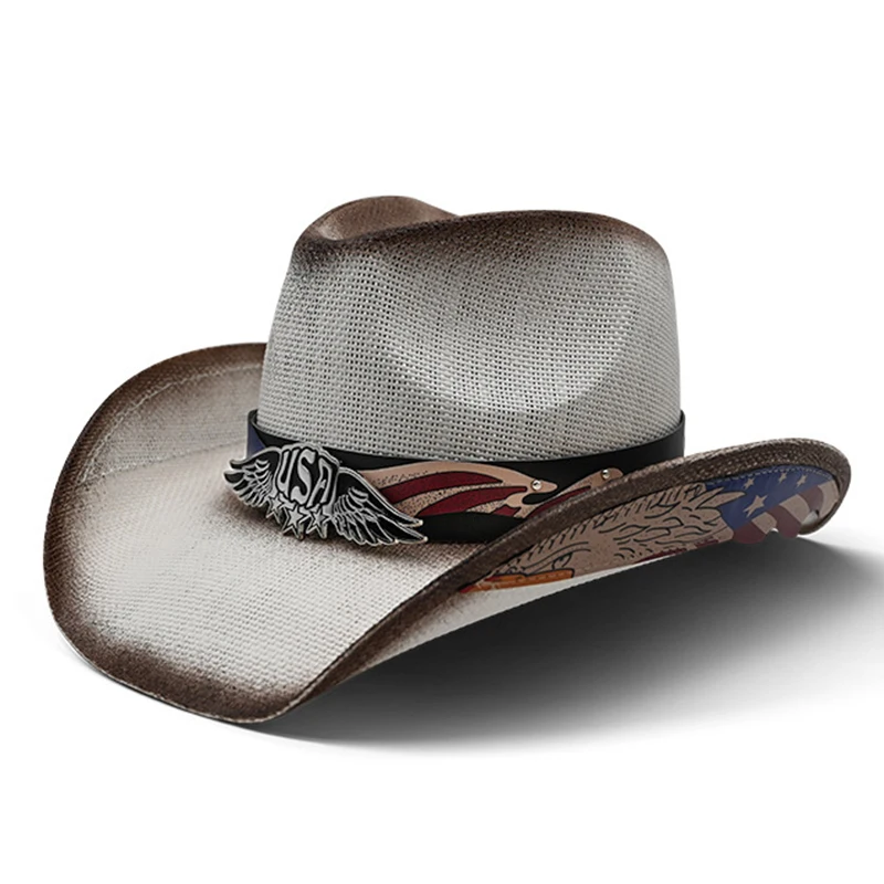 Retro USA Printing Leather Band Women Men Hard Straw Riding Wide Brim Outdoor Beach Cowboy Cowgirl Western Sun Hat Sunscreen