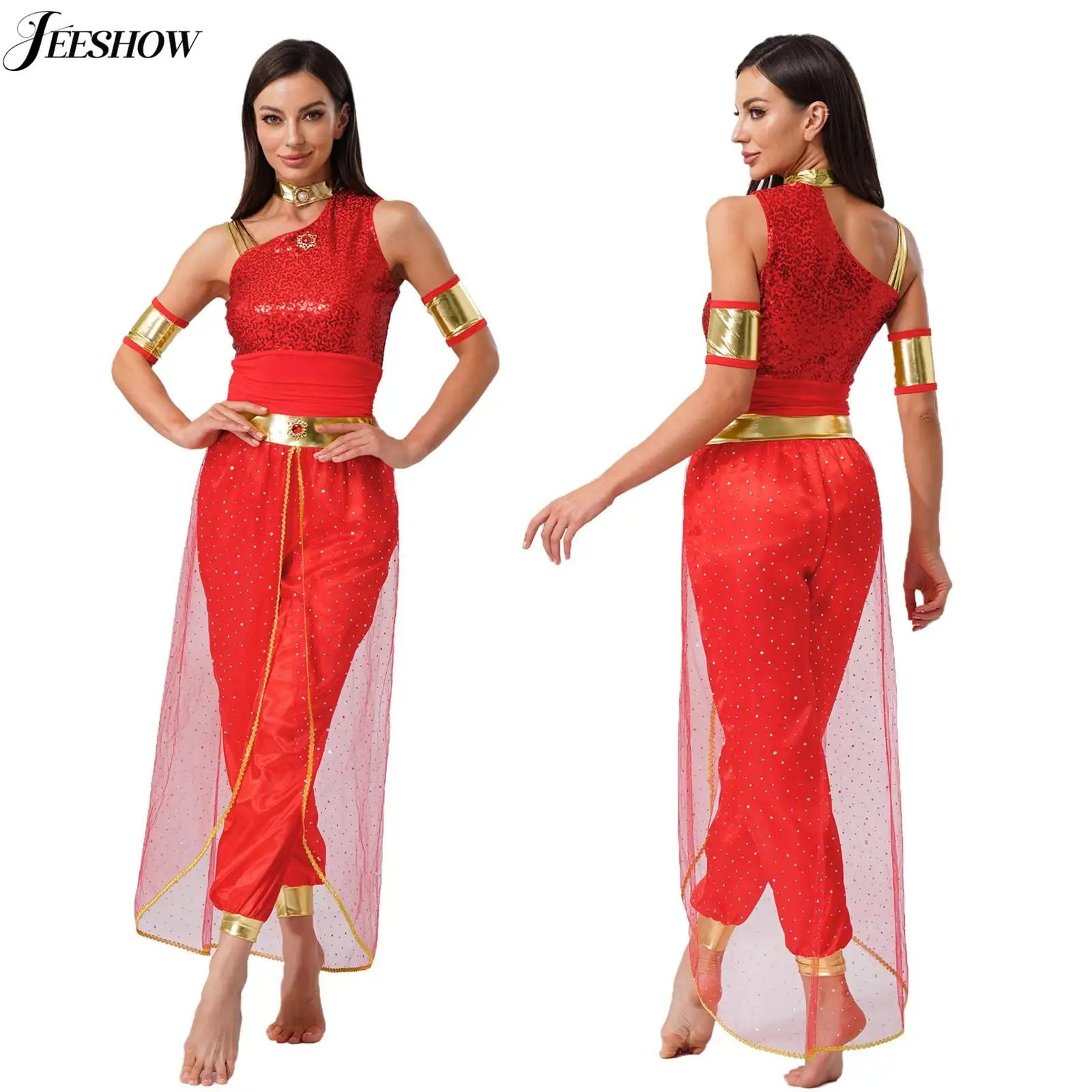 

Womens Arabian Princess Costume Gem Sequined Sleeveless Tulle Overlay Jumpsuit for Halloween Party Belly Dance Costume Dancewear