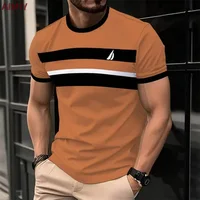 T-shirt imprimé rayé pour hommes, décontracté, col rond, manches courtes, à la mode, pour l'extérieur, été 3