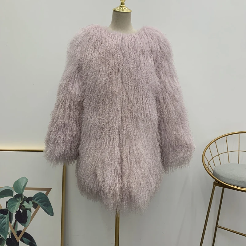 

New product Women real mongolian sheep fur coat natural medium long beach wool fur outerwear winter jacket lady fur overcoat