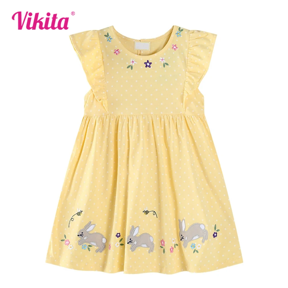 

VIKITA Girls Yellow Summer Dress Rabbit Floral Embroidered Polka Dot Dress Flare Sleeve Cotton Casual School Straight Dresses