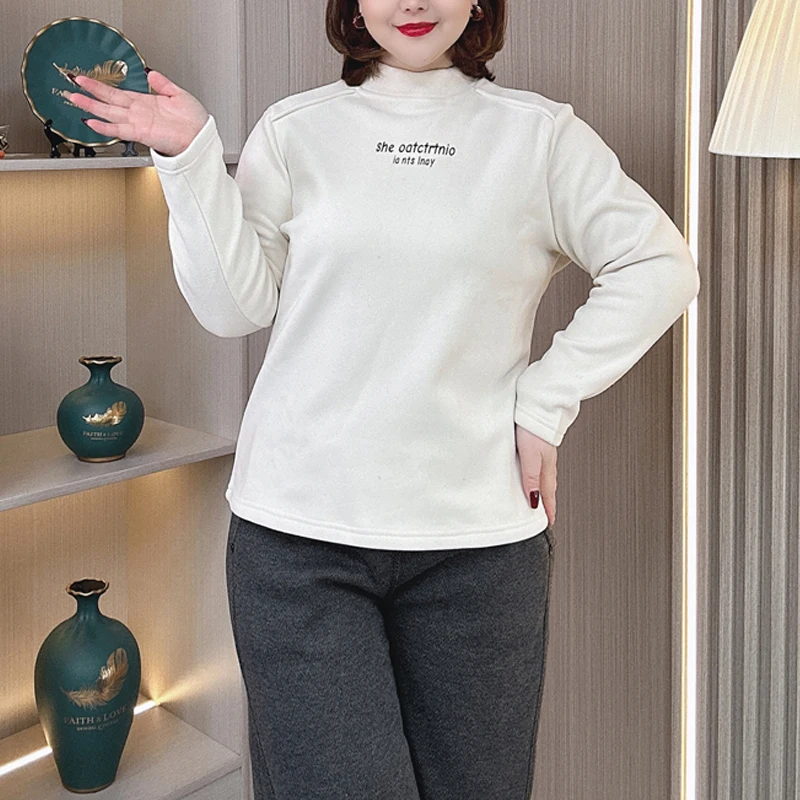 

Plus Size Warm Women Tops Winter Clothes Fashion Mock Neck fleece-lined Thicken Letter Print Long Sleeve T-shirt 2453