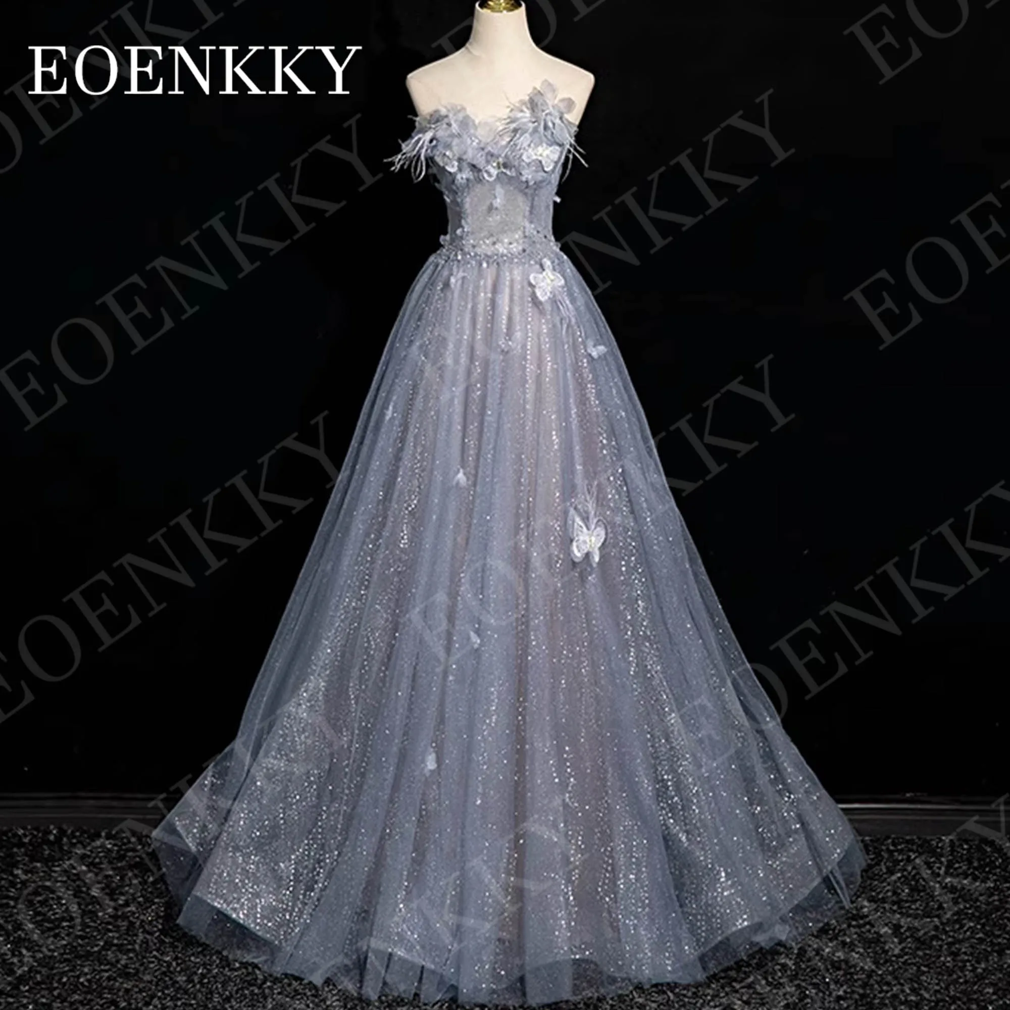 

EOENKKY Prom Dresses Luxury Sparkly Princess Feather Butterfly Applique Off Shoulder Celebrity Dress Glitter Tulle Customized