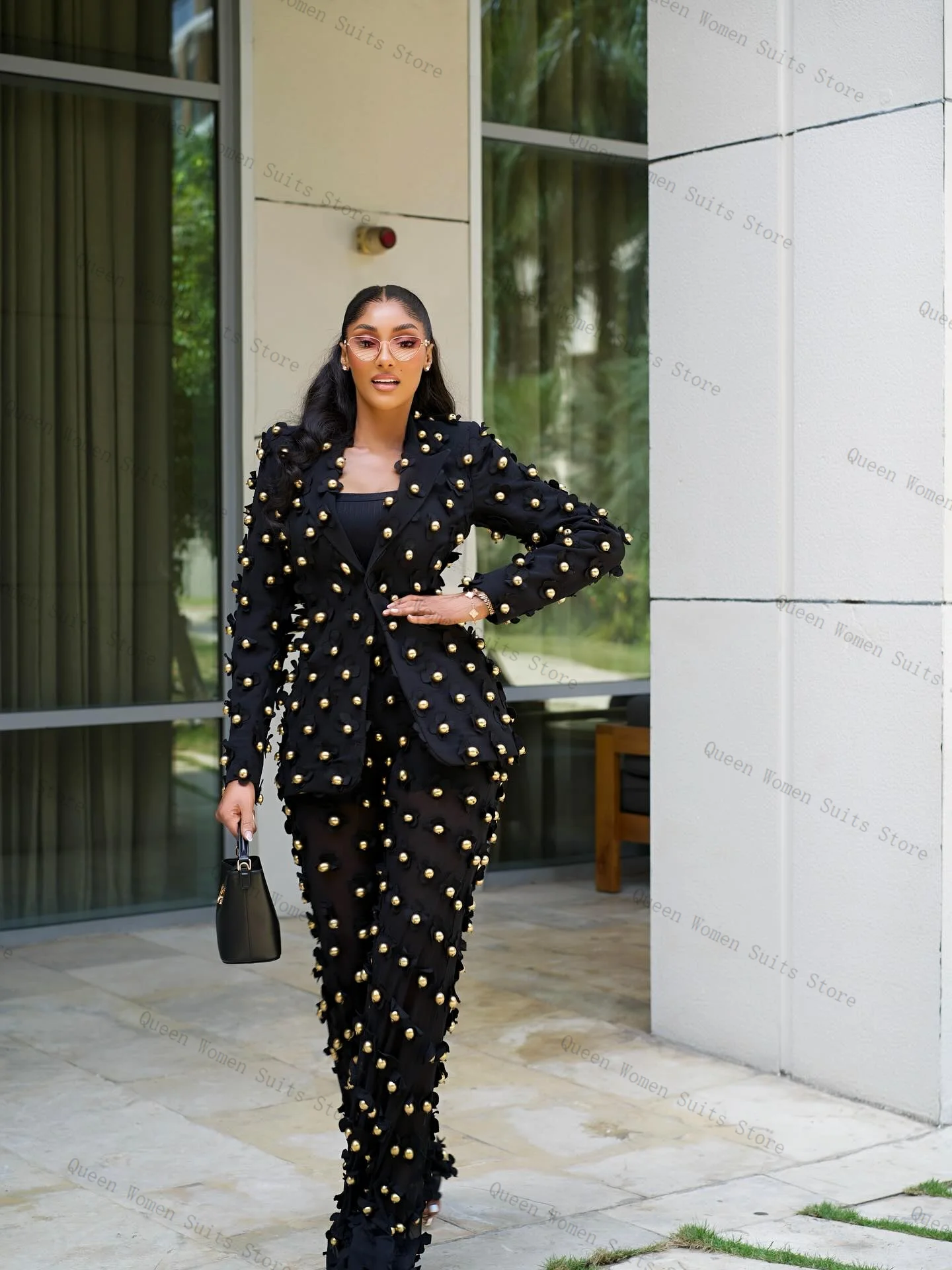 

Black Women Suit Set 2 Pcs Blazer+Straight Pants Trousers Gold Buttons Formal Office Lady Jacket Wedding Prom Coat Customized