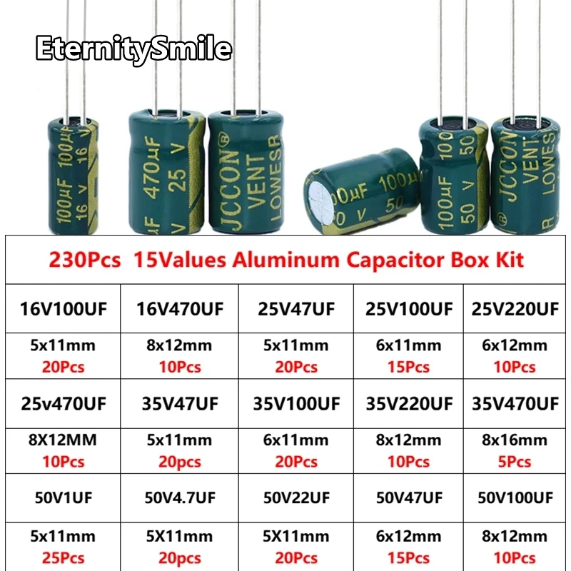 230Pcs/Box Capacitor Kit Aluminum Electrolytic Capacitors Set 15Values 16V 25V 35V 50V 1uF-470uF Assorted Kit Storage Low ESR