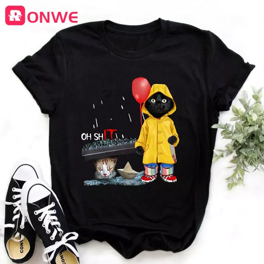 Lustiges T-Shirt mit schwarzem Katzen-Aufdruck für Damen, lässiges weißes Top, Harajuku-T-Shirts, weibliche Kleidung der 90er Jahre