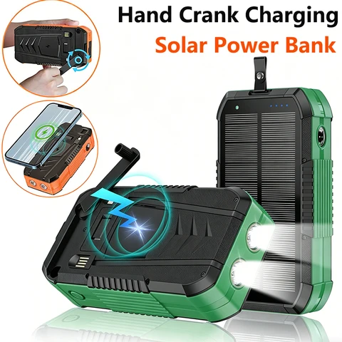 Солнечный Power Bank 40000 мАч с ручным динамо-генератором, беспроводной быстрой зарядкой, внешний аккумулятор 22.5 Вт, быстрое зарядное устройство для телефона и кемпинга