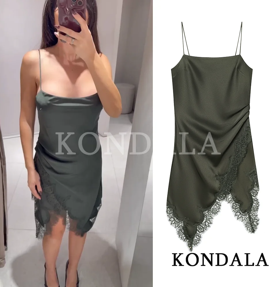 KONDALA Sexy Satin Suspender Dress Women Lace Hem Trendy Mini Dress 2026 Spring Summer Fashion Holiday Lady Cocktail Party Dress