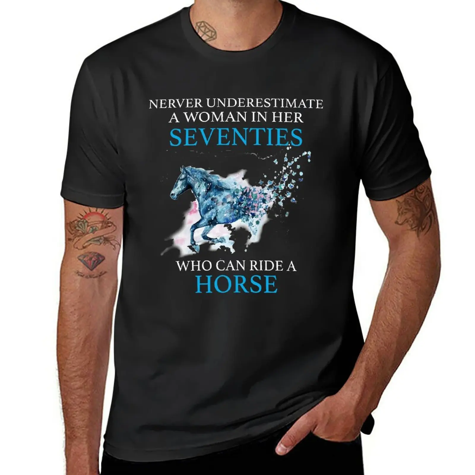 New Never Underestimate A Women In Her Seventies Who Can Ride A Horse T-Shirt oversized t shirts mens graphic t-shirts hip hop