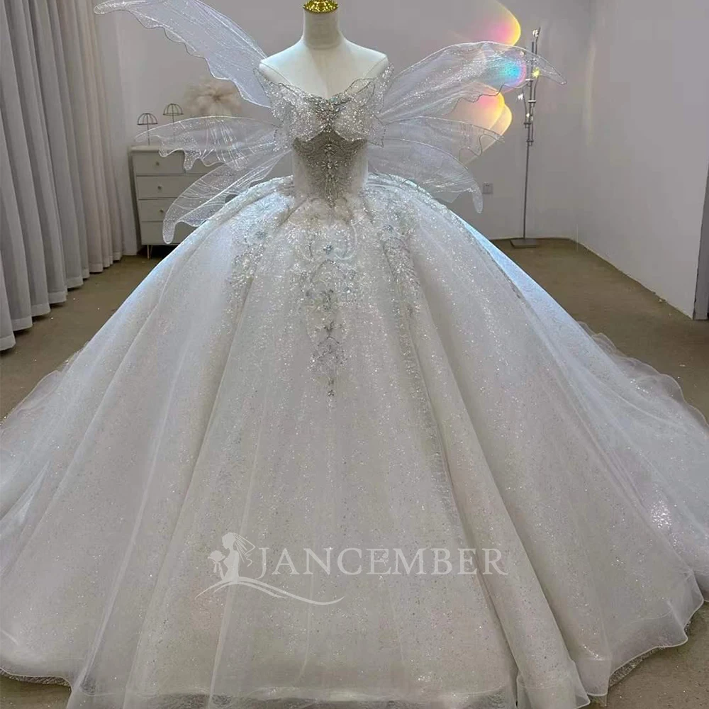 

Customized Exquisite Strapless Sleeveless Dresses Beading Princess Puffy Wedding Gown 2 in 1 Lace Up Back Vestido De Novia