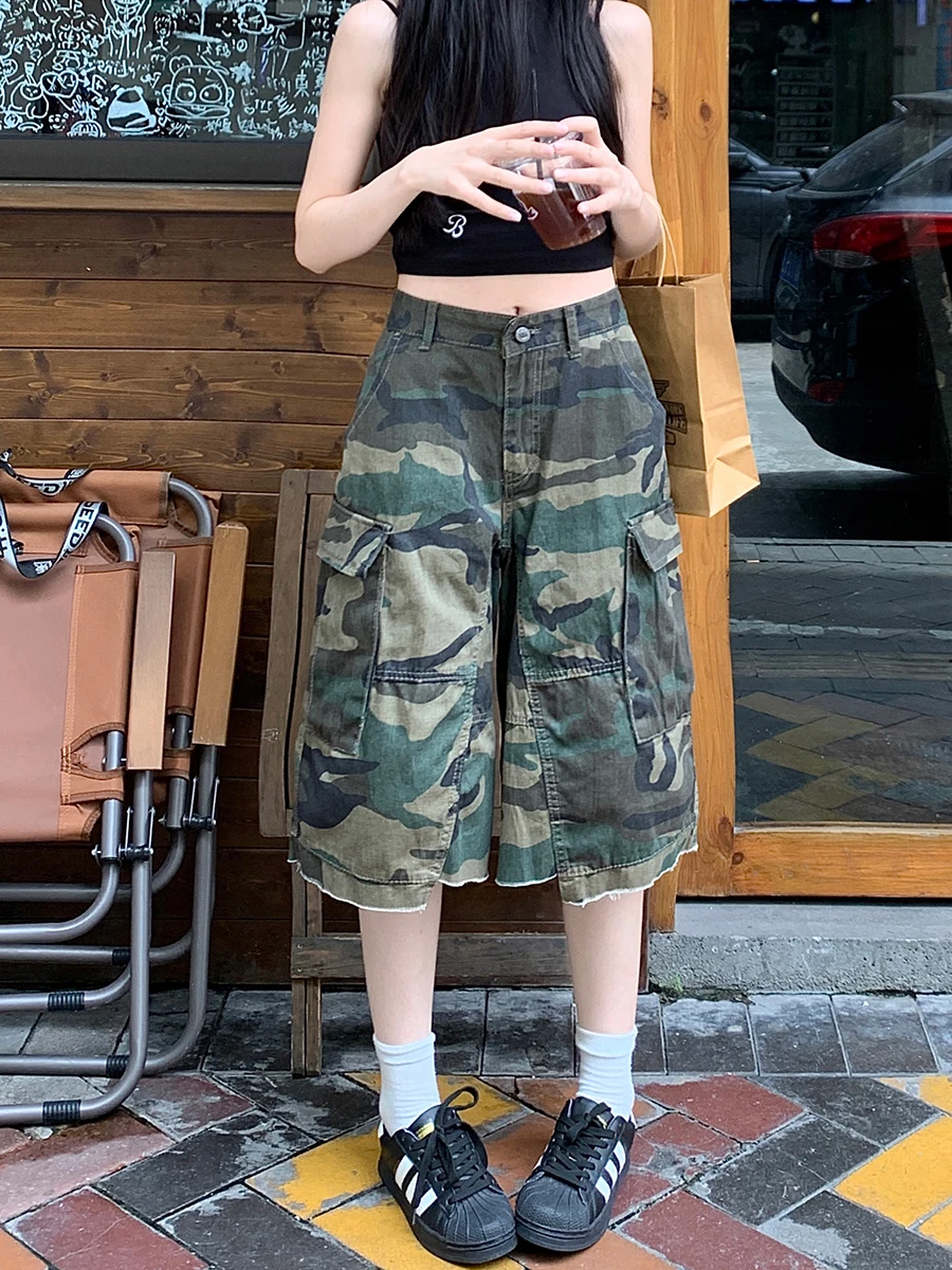 REDDACHiC Big Pockets Camouflage Cargo Jeans Shorts Women Patchwork Raw Edge High Rise Wide Leg Baggy Jorts Retro Y2k Streetwear