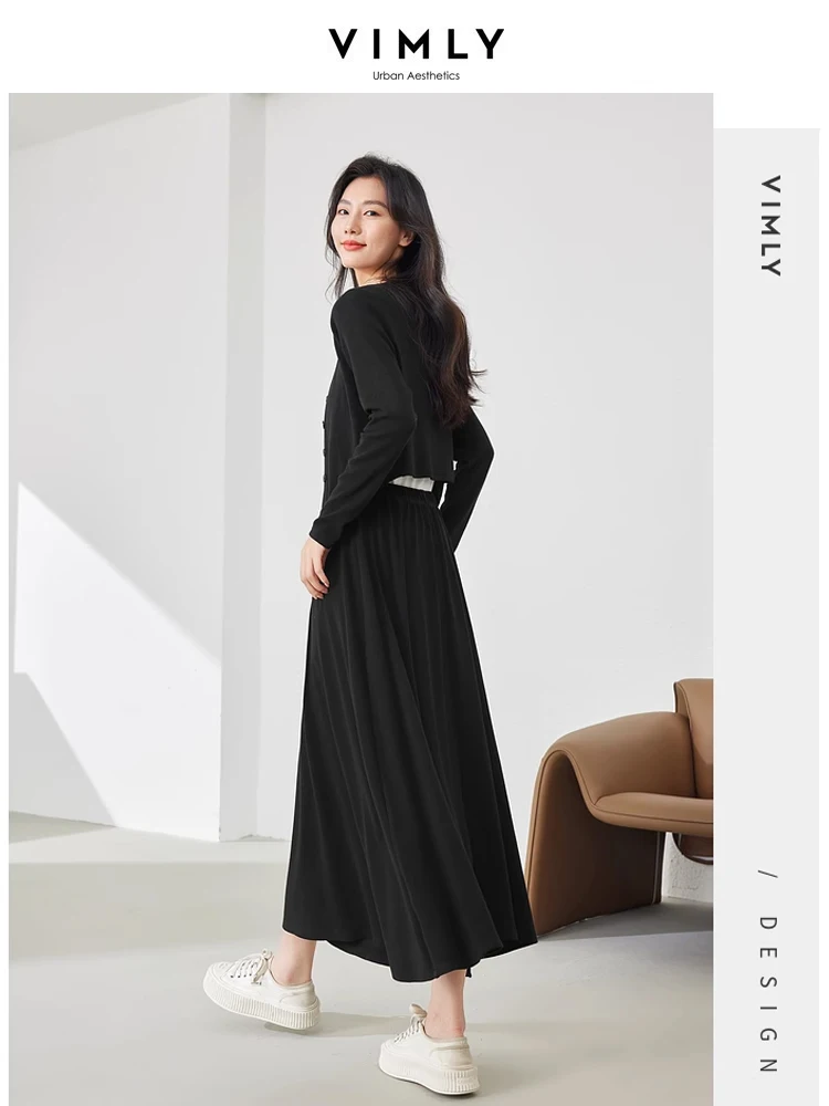 Vimly Spring Casual New in Matching Sets 2024 New O-neck Cardigan Tank Top A-line Maxi Skirt Three-piece Suit for Women M5389