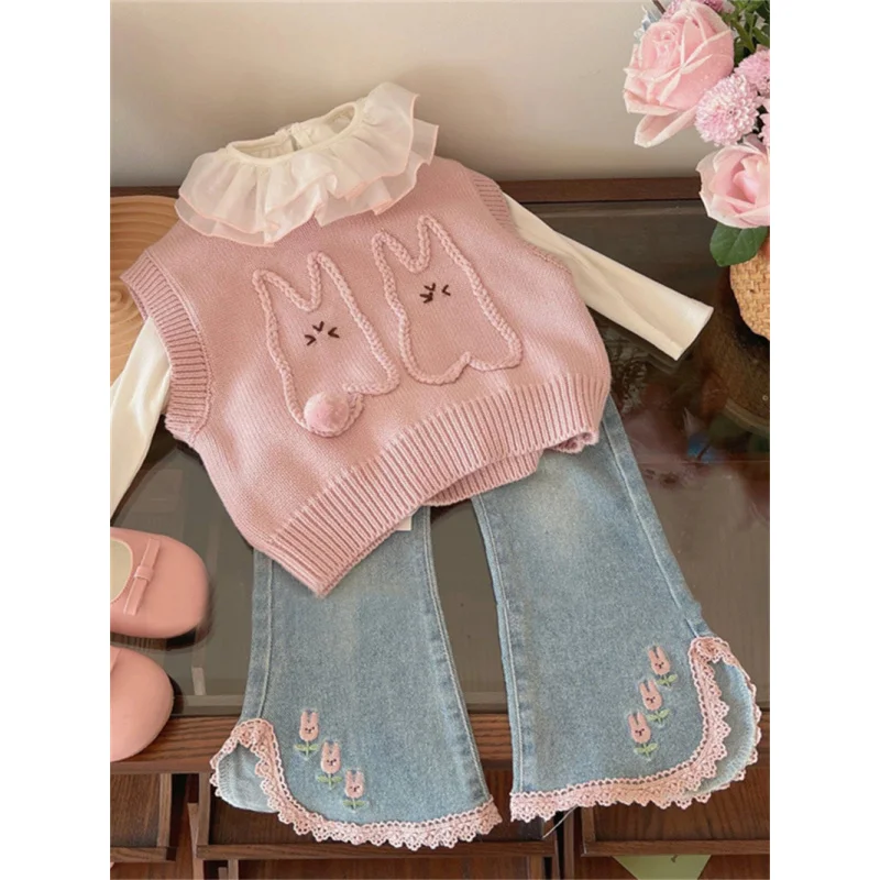 High-End Children's Clothing2024Spring New Knitted Vest Sweet Cute Rabbit Outer Wear Waistcoat Vest