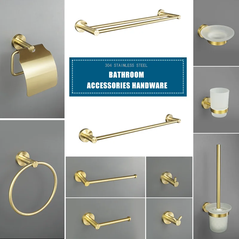 Brushed Gold Bathroom Accessories Set - Toilet Brush Holder Paper Holder Towel Ring Bar Shelf Clothes Hook Soap Dispenser Cup Ho - view 4