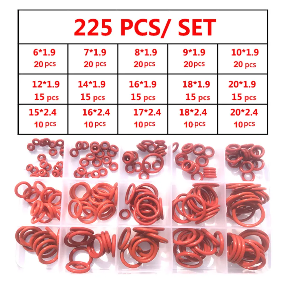 225pcs Universal O-Ring Assortment Kit Set O-Rings Red Silicone VMQ Seal Sealing O-Rings Silicon Washer Rubber Wear Accessories