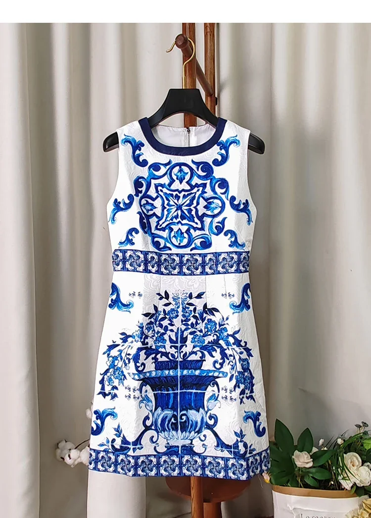 Elegant Classical Socailite Round Neck Sleeveless Tank Dresses Chinese Style Jacquard Print A-line Temperament Short Dress Women