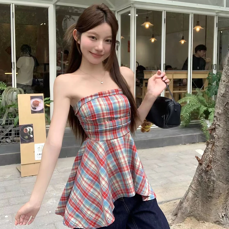 Verão coreano retro xadrez irregular sem alças sem mangas camisola fina para mulher