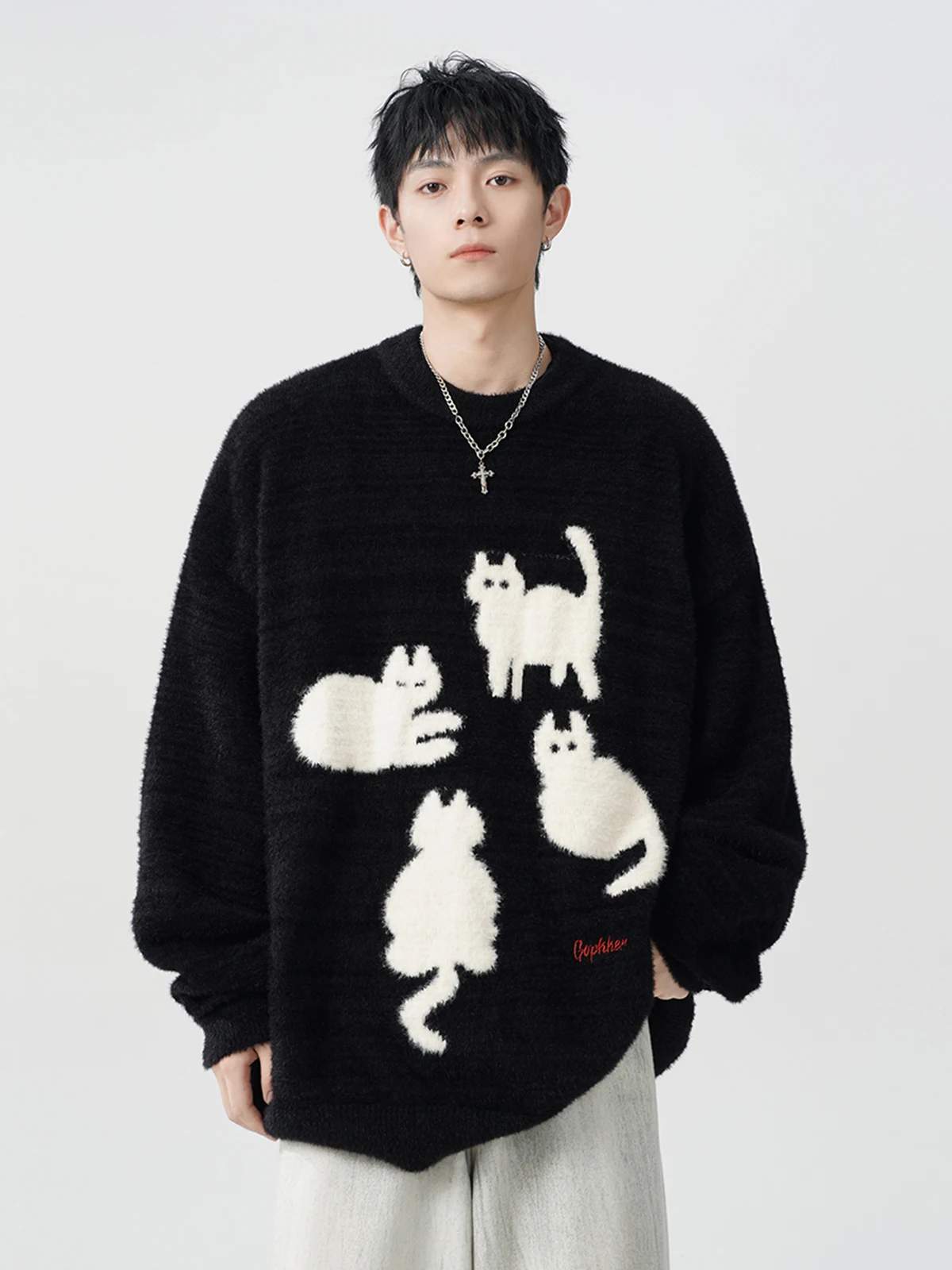 2025 Autumn Winter New American Style Men's Loose Casual Knitted Versatile White Black Cat Print Crew Neck Sweater