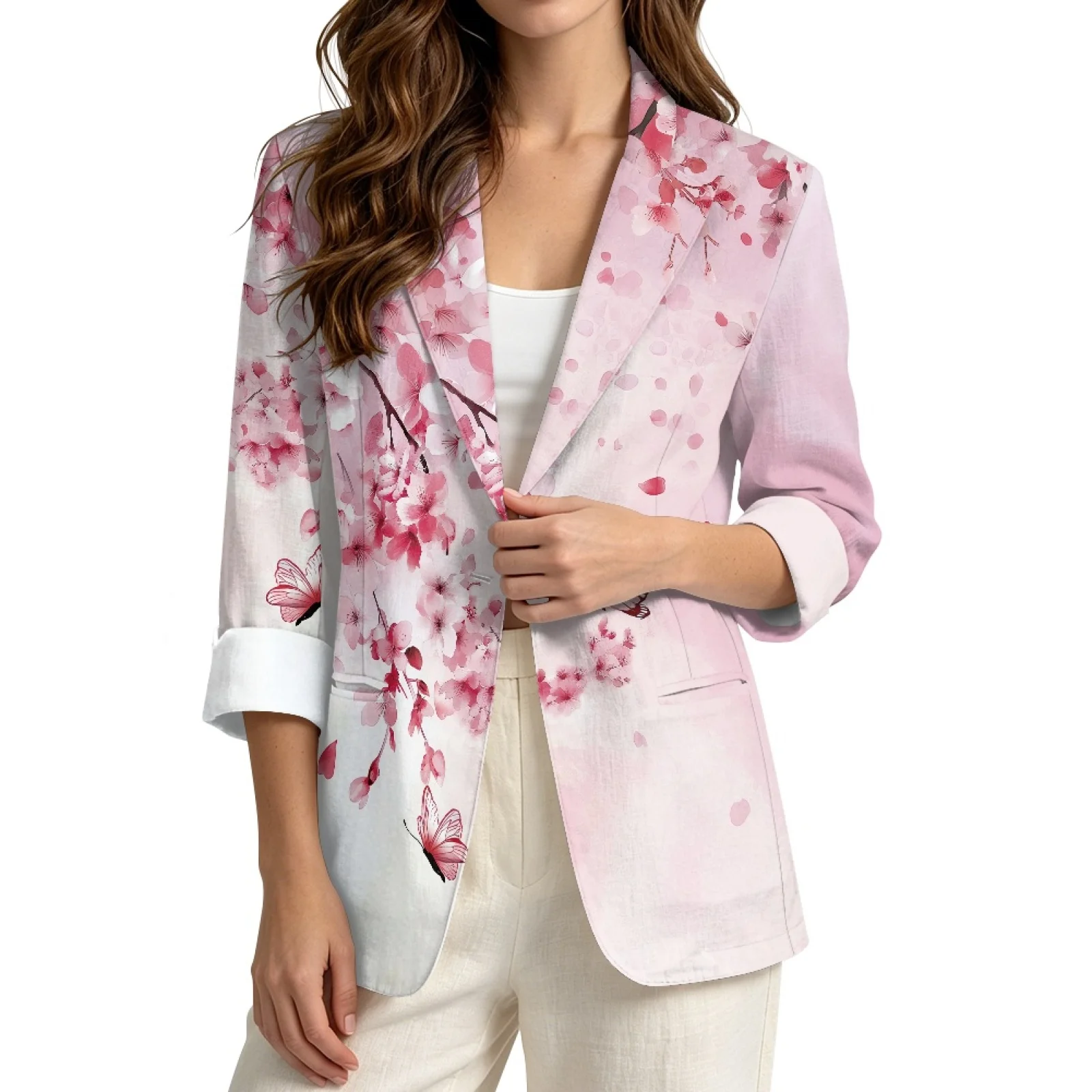 PENSTROLL Butterfly Cherry Blossom Linen Like Beach Coverups Open Front Tops for Women Cozy Outerwear