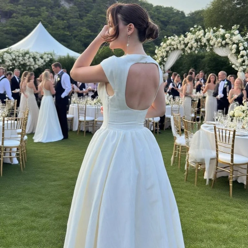 Women Circle Cut Out Back Dress Wide Shoulders and Fitted Waist Prom Dress Fluffy Hem Midi Wedding Party Dresses