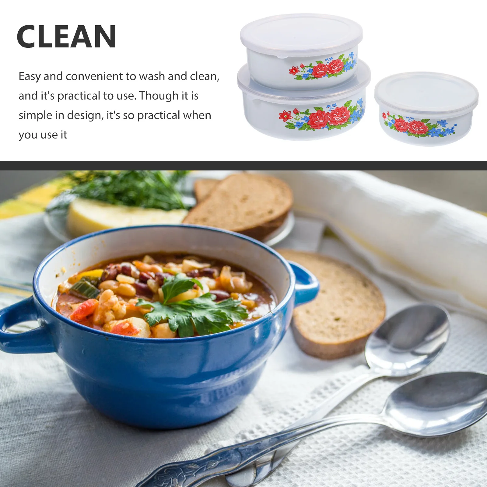 

3Pcs Enamel Bowls Food Preservation Container Salad Noodle Soup Practical Food Storage Bowls Multifunctional Bowl