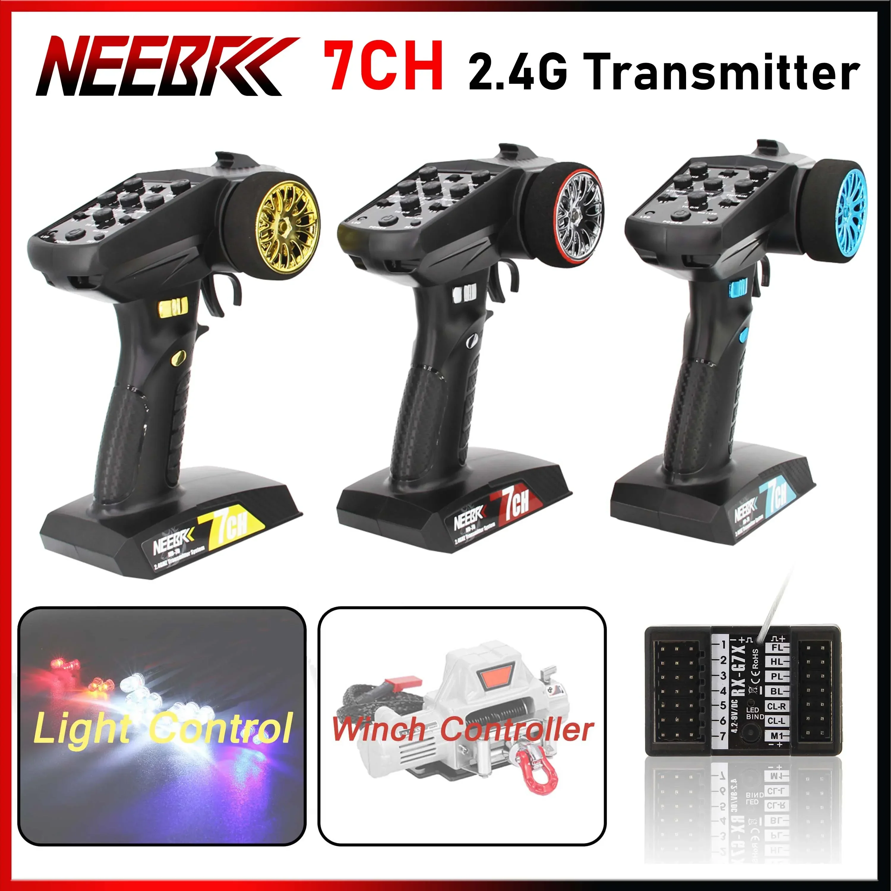 

NEEBRC 7CH 2.4G Transmitter Radio System Waterproof Light Control Winch Controller Receiver 12LED Lamp Set for RC Car Tank Boat