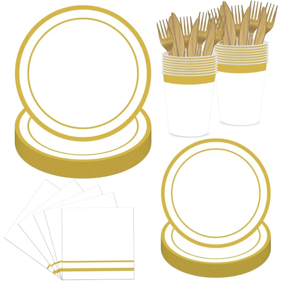 

144 шт., белые и золотые тарелки и салфетки, принадлежности для вечеринок, золотой одноразовый набор посуды, включает в себя золотой бумажный обеденный десертный стакан
