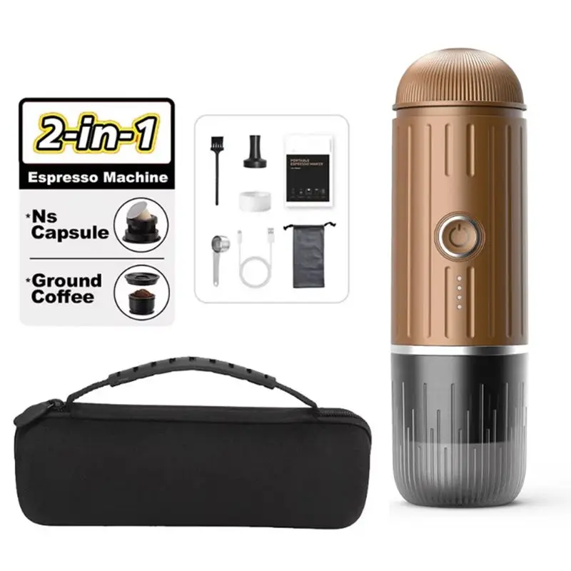 Removable 2 In 1 Electric Travel Espresso Portable Coffee Machine Compatible With Ground Coffee Small Large Capsules Brown