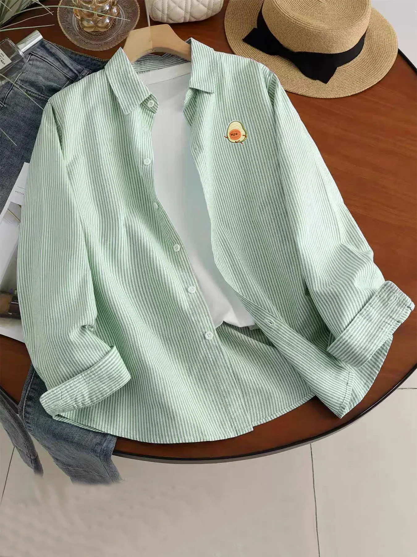 

Spring and Autumn New Men's Cartoon Q-Version Avocado Pattern Long-Sleeve Striped Shirt, Versatile Casual Simple Shirt
