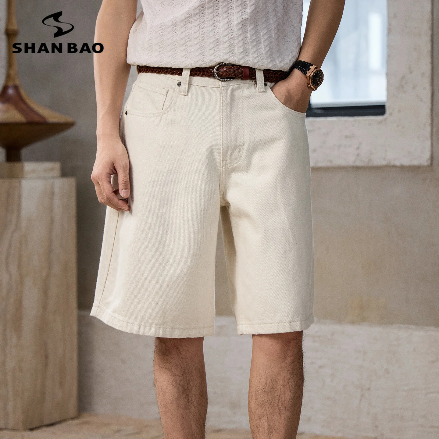

SHAN BAO 2026 Summer Brand 100% Cotton White Men's Baggy Mid-Rise Denim Shorts American Retro Straight Leg Loose Casual Jeans