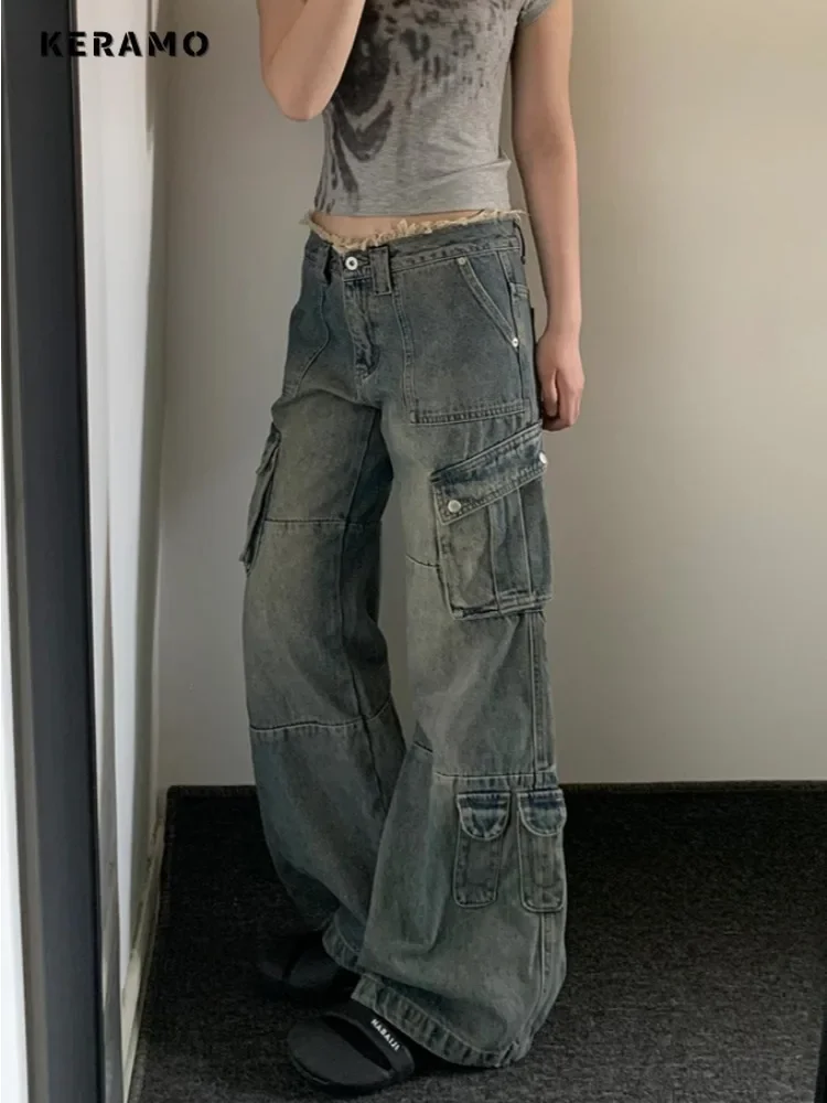 Calças jeans largas casuais retrô feminina, bolsos de Harajuku, jeans solto de cintura alta, verão Y2K 2000s, calças trashy, 2024