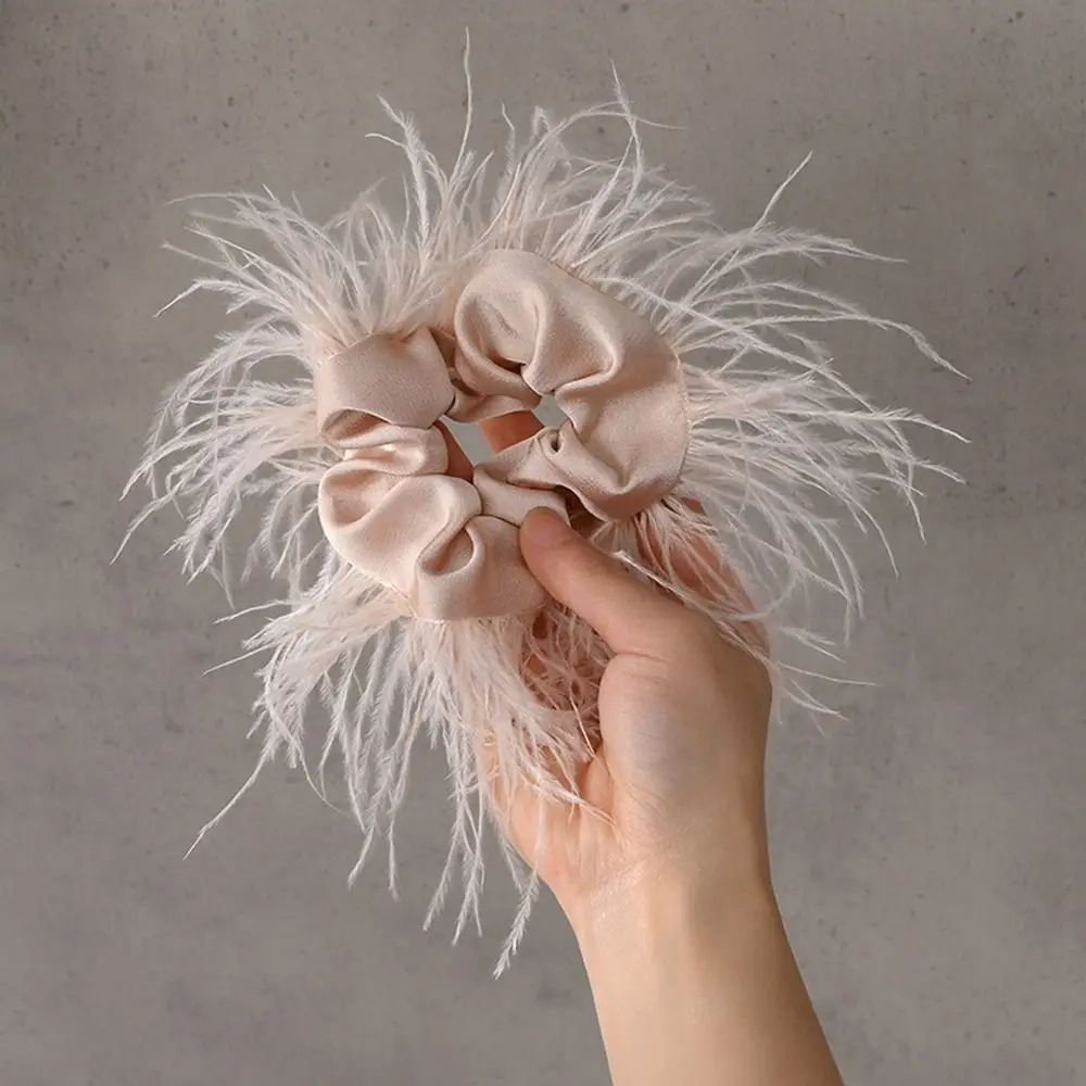 

Ostrich Feather Hair Rope Scrunchies Elastic Hair Bands Women Hair Ties Large Intestine Satin Hair Ring Girls Hair Accessories