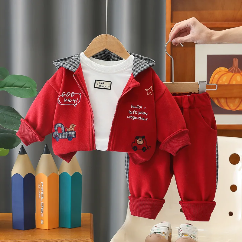 かわいい漫画の車柄幼児男の子用3点セット春用フード付きジャケット-tシャツ-ジョガーパンツキッズカジュアルおしゃれ服セット