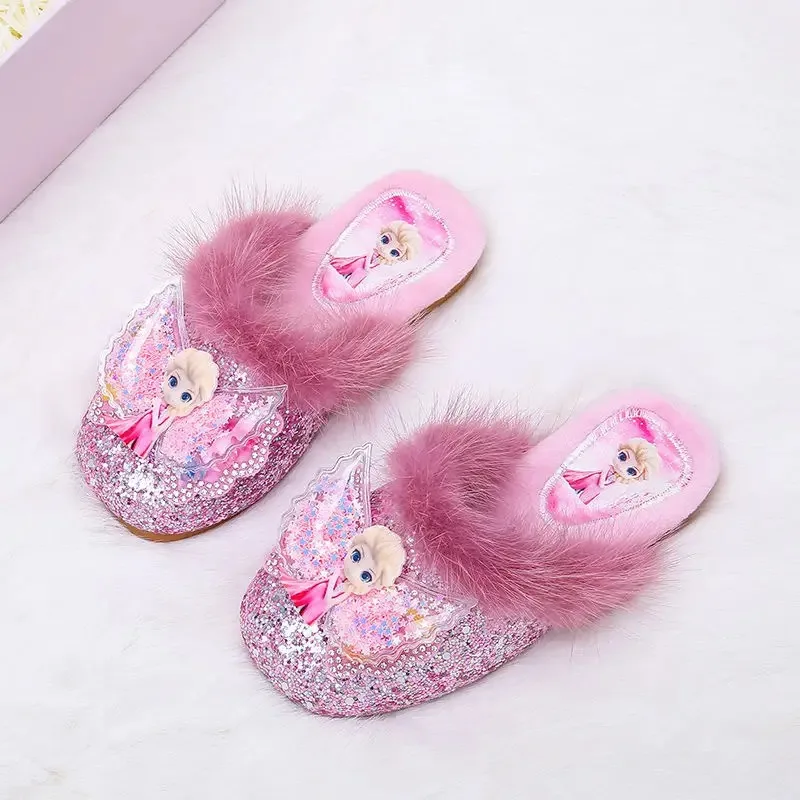 Cartoon Girl\'s Casual Shoes Disney Frozen Princess Elsa Autumn Winter Warm Shoes Fur Girls Soft Bottom Cotton Slippers Pink Blue