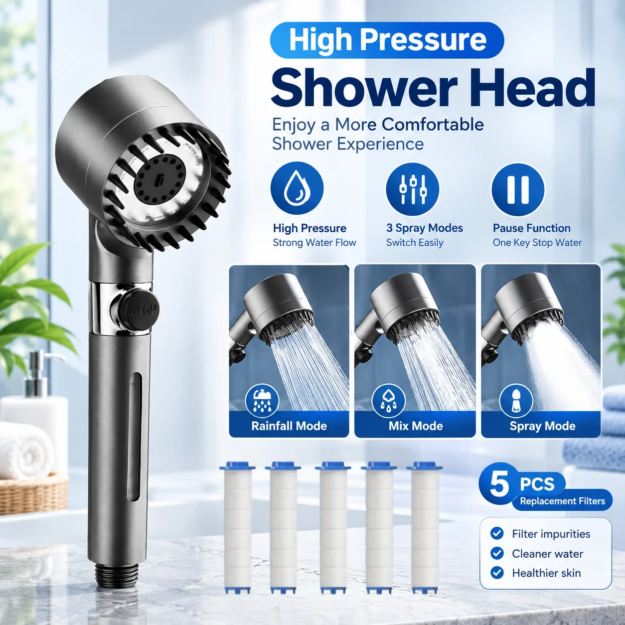 Gray Medium High Pressure Filter Shower Head 3 Spray Modes One Key Stop Water Saving with 5 Replacement Filters Shower Only