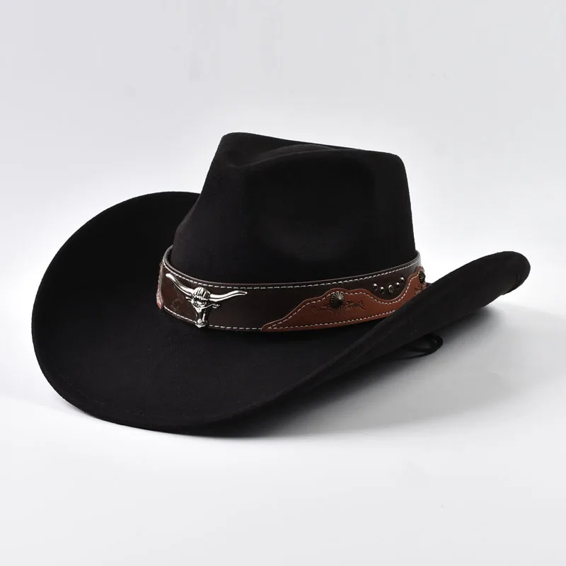 Vintage Big-edge Western Cowboy Hat with Bullhead Rivets Outdoor Gentleman Knight Hat Cowgirl Jazz Cap