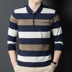 Polo masculino de manga comprida com gola virada para baixo, camiseta listrada solta, moda casual, tops de bolsos, roupas de outono e inverno, nova