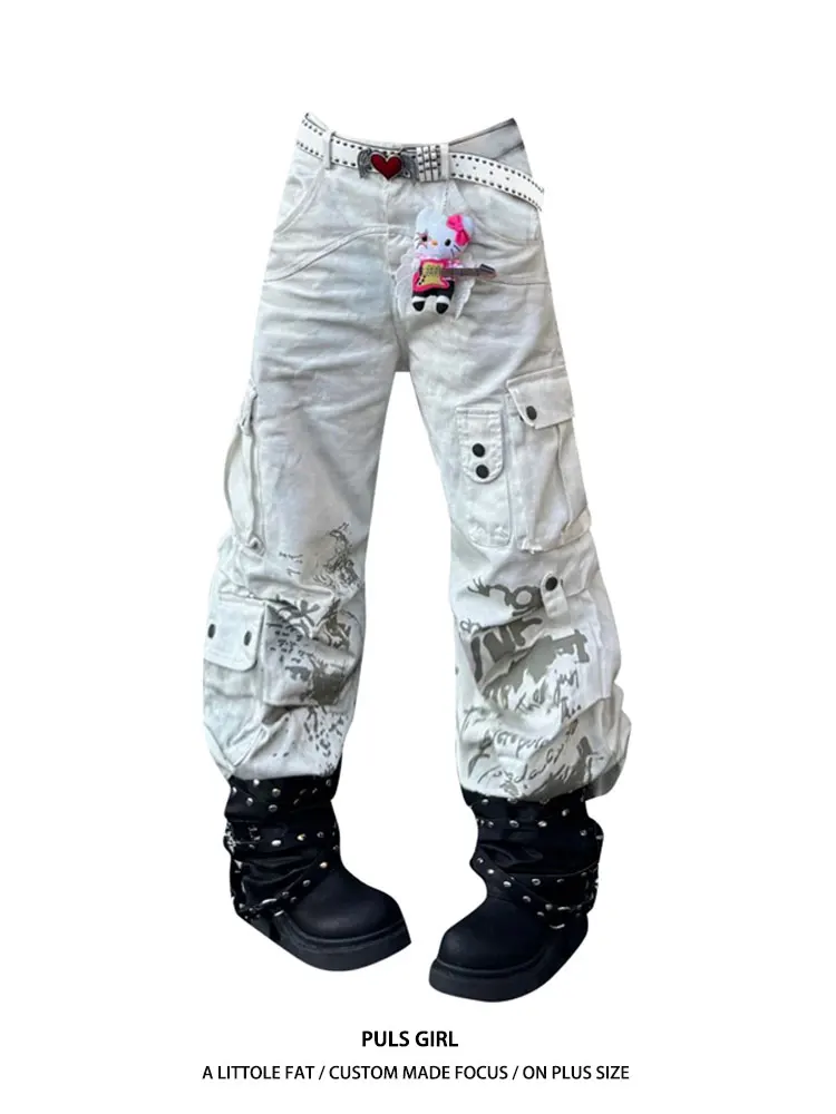 

Белые джинсовые брюки больших размеров в американском повседневном стиле для женщин: свободные, широкие, в стиле Vibe High Street, рабочие, длинные