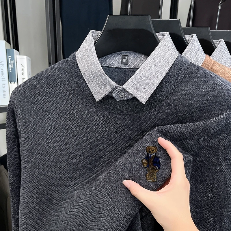 Shirt Collar Cartoon Bear Embroidery Men's Knit Sweater Brand Fake Two-piece Thicken Pullover Winter Warm Trend Casual Menswear