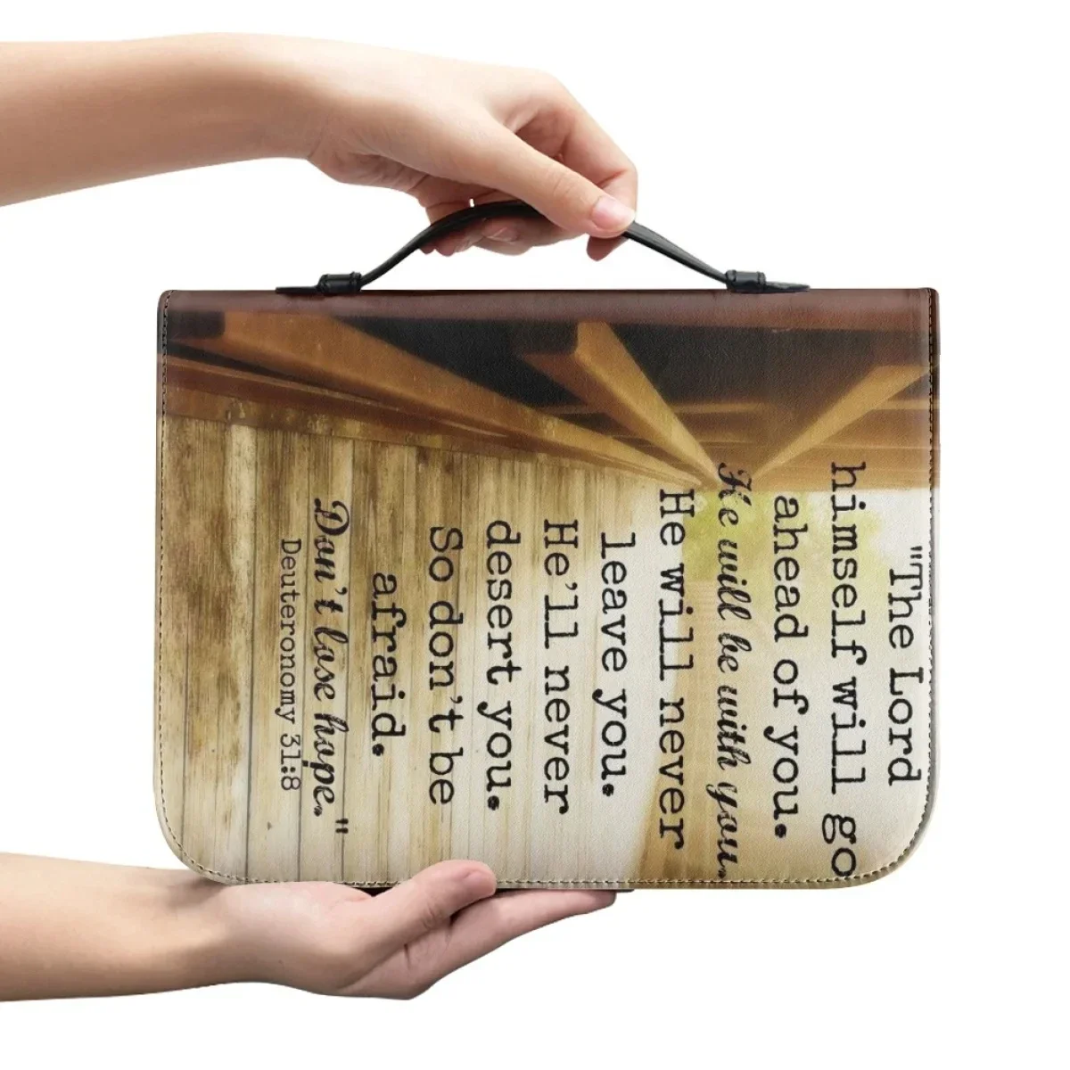 Wooden Bible Bag Women's Leather Handbags Zipper Handle Bible Praise Poetry Print Bible Cover Case Study Book Holy Storage Boxes