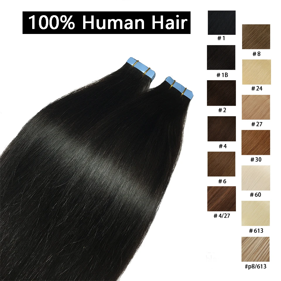 Extensions de cheveux brésiliens 100% naturels lisses avec bande adhésive, trame de peau noire brune, pour femmes