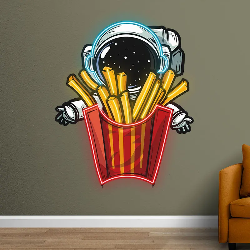 Astronaut Hugging French Fries Restaurant Custom LED Neon Sign