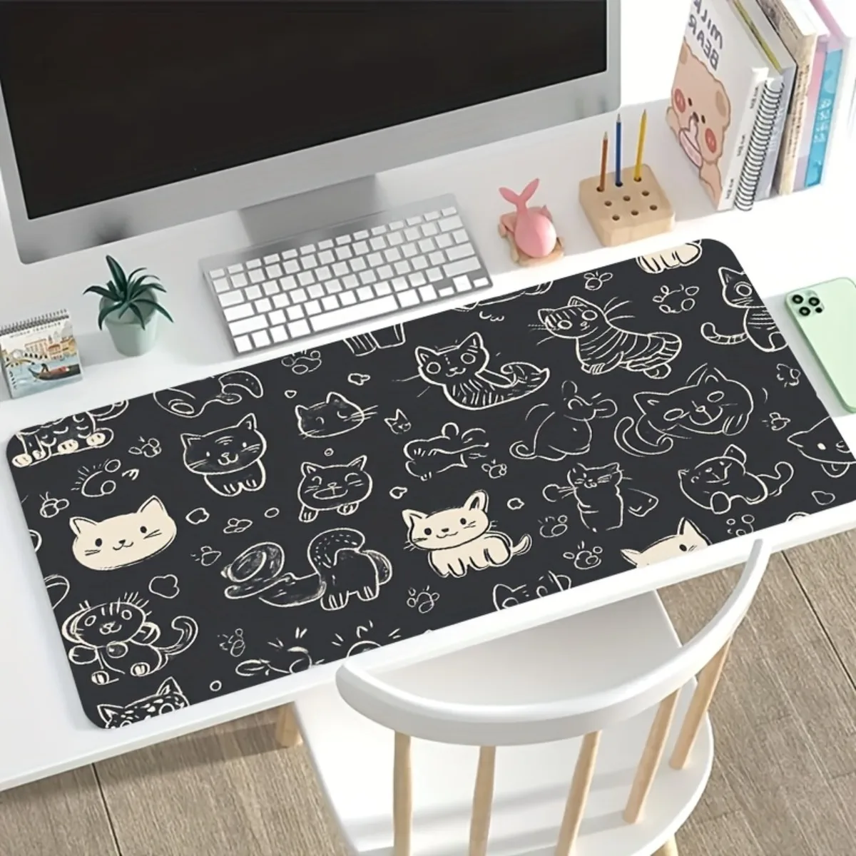 Comfortable Rubber Desk Pad Minimalist Cat Print Black Base Non Slip Washable Stain Resistant Stylish For Office And Gamer Gifts