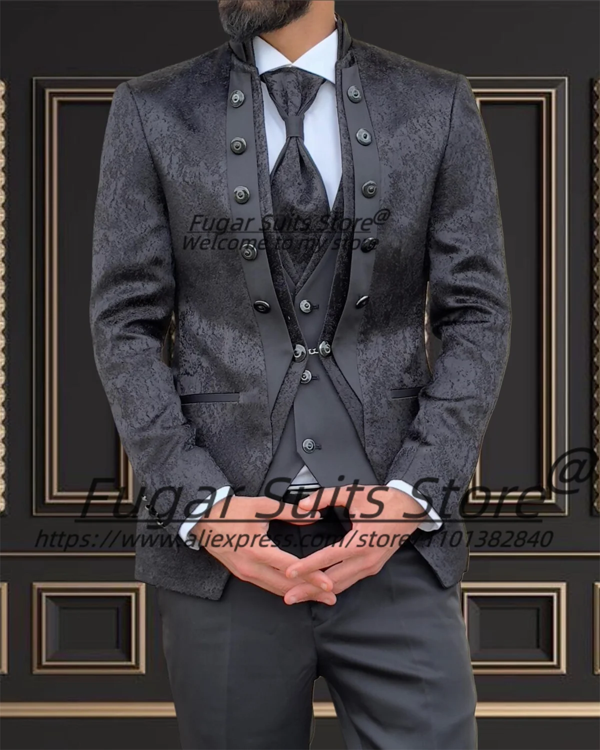 

Luxuly Black Jacquard Men Suits Customizes Slim Fit stand-up collar Groom Wedding Tuxedos3Pcs Sets Male prom Blazers Ropa Hombre